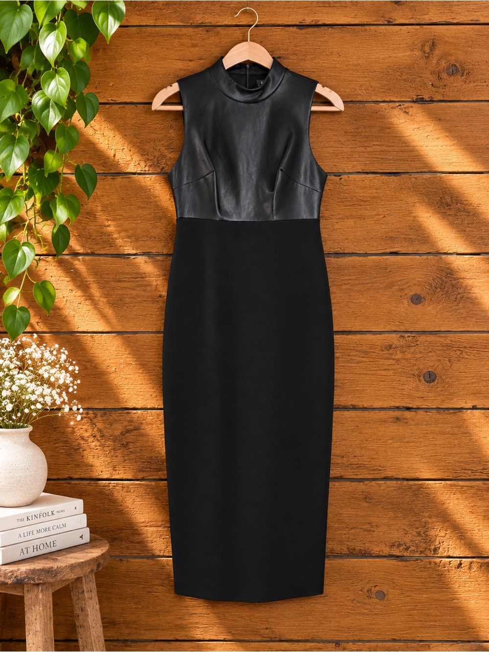 EXPRESS Black Faux Leather Mock Neck Sheath Midi Dress XS Edgy Chic